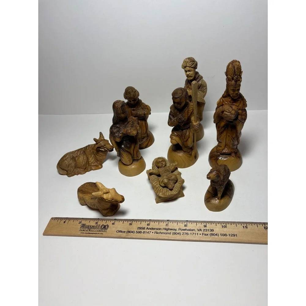 Vintage Hand Carved Olive Wood Nativity 10 Piece Set Christmas Creche Figures